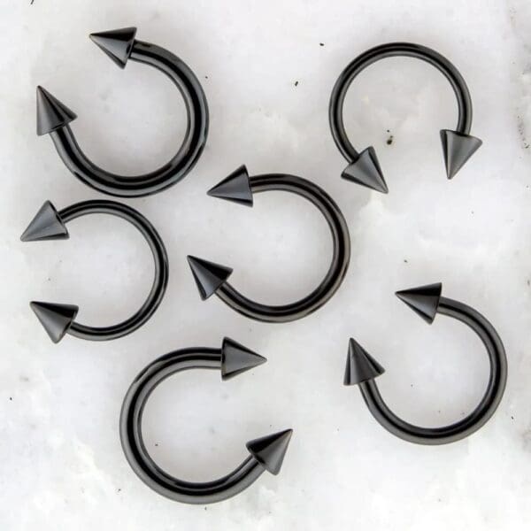 Black Externally Threaded Spiked Horseshoe Circular Barbell W/ Spike Cones - 1 Piece
